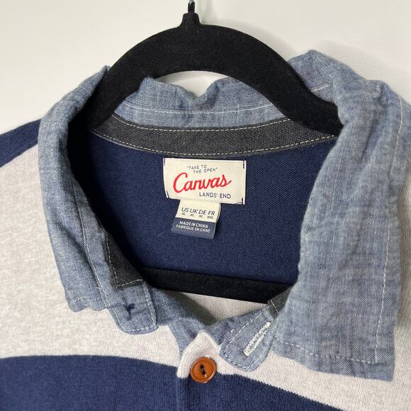 Lands’ End Canvas Mens Rugby Polo Shirt XL Navy Striped Cotton Cashmere 434750 - Picture 3 of 8